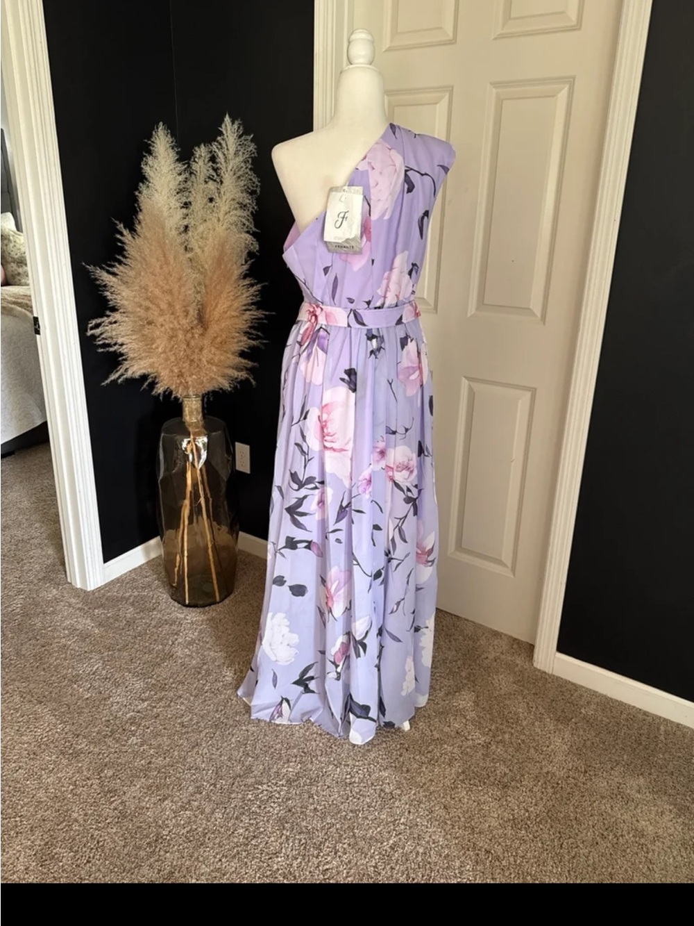 NWT FEHAUTE Ruched Slit Chiffon One Shoulder A-Line Gown Maxi Dress size 12/Lrg - Picture 8 of 12